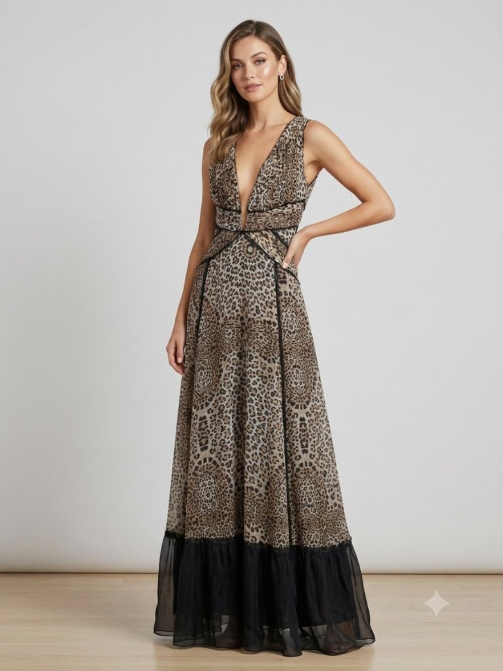 Mandalay Silk Evening Gown Size 8 Leopard Plunging V-Neck Luxury Y2K NWT Vintage